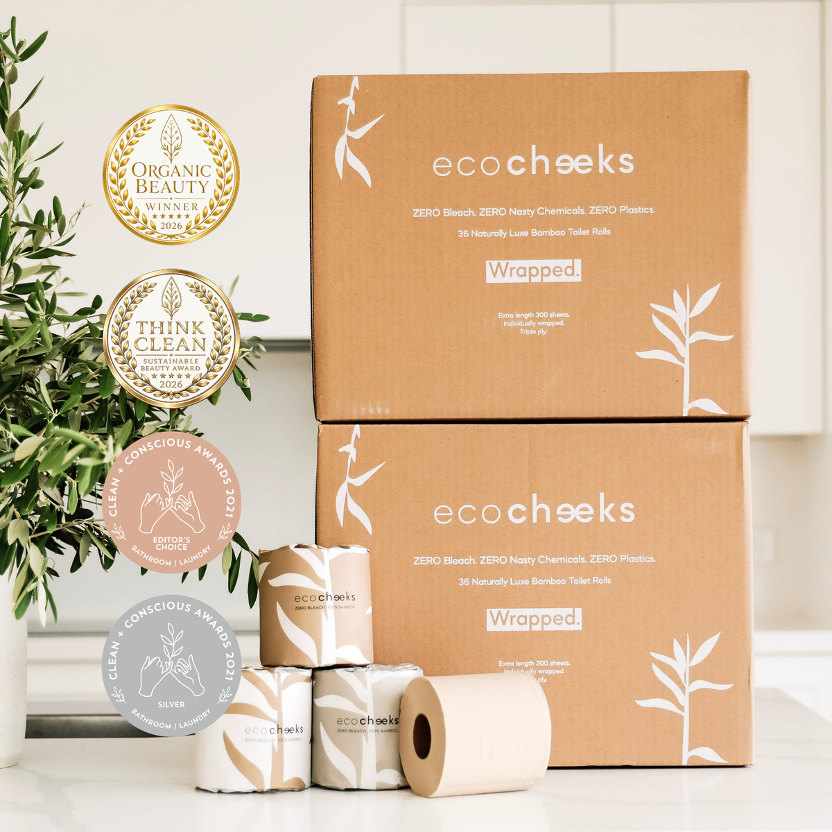 Two stacked brown cardboard boxes of eco:cheeks Wrapped bamboo toilet paper with several rolls and wrapped tubes displayed in front, alongside award seals and a green plant on a white countertop.