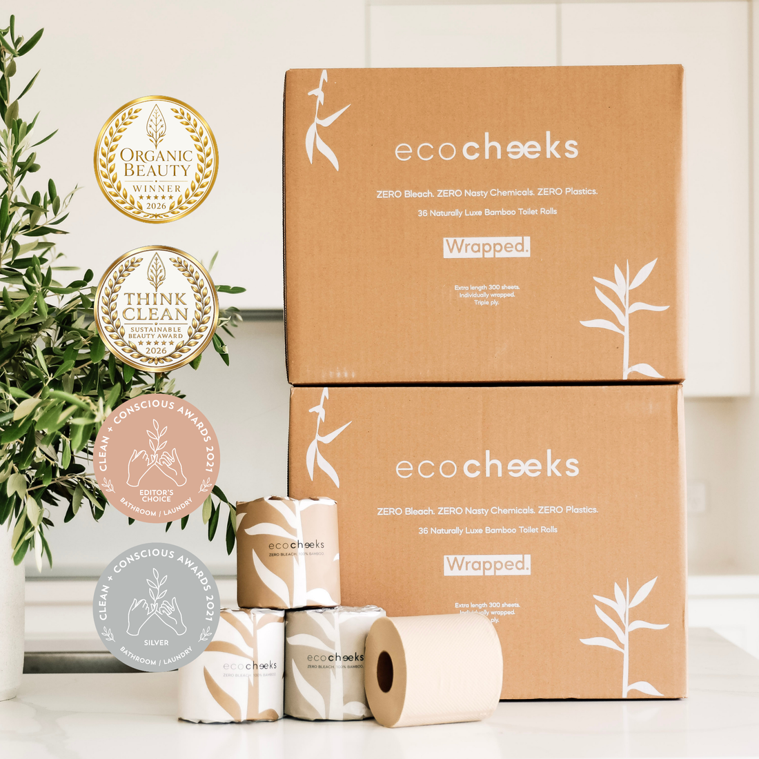 Two stacked brown cardboard boxes of eco:cheeks Wrapped bamboo toilet paper with several rolls and wrapped tubes displayed in front, alongside award seals and a green plant on a white countertop.