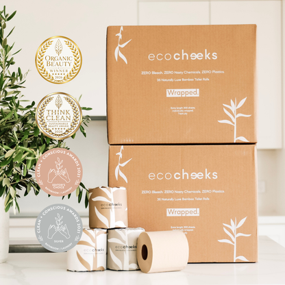 Two stacked brown cardboard boxes of eco:cheeks Wrapped bamboo toilet paper with several rolls and wrapped tubes displayed in front, alongside award seals and a green plant on a white countertop.