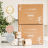 Two stacked brown cardboard boxes of eco:cheeks Wrapped bamboo toilet paper with several rolls and wrapped tubes displayed in front, alongside award seals and a green plant on a white countertop.